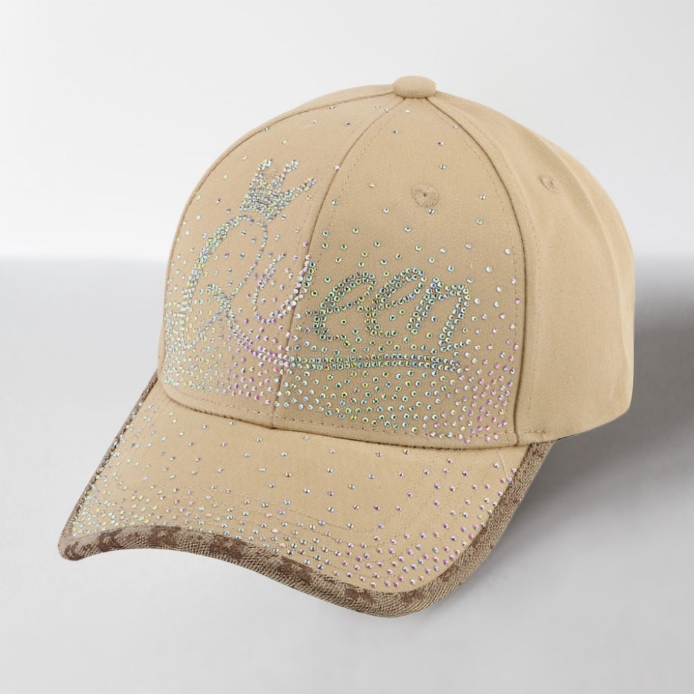 Khaki QUEEN Colorful Rhinestone Crown Crystal Brim Baseball Cap Hat Womens Bling